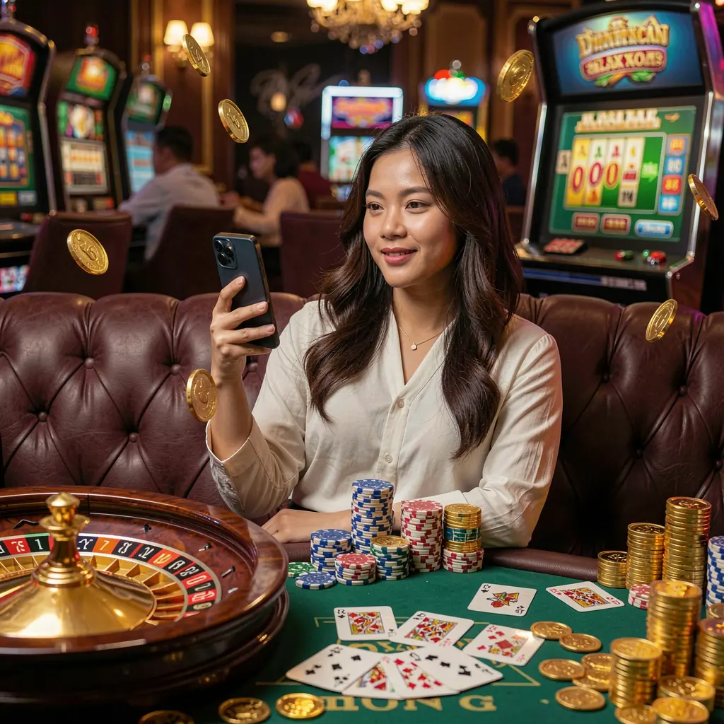 Stylish Filipino woman relaxing on a sofa while using the PHVVV COM casino app surrounded by glowing roulette wheels playing cards and gold coins