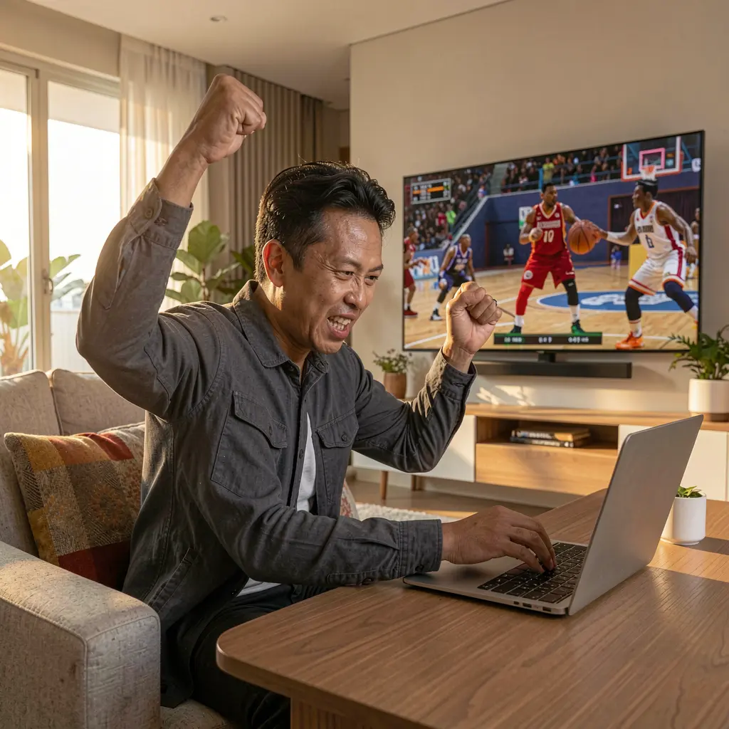 Excited Filipino sports bettor cheering after placing a winning bet on a laptop while watching a live basketball match on TV at home with PHVVV COM