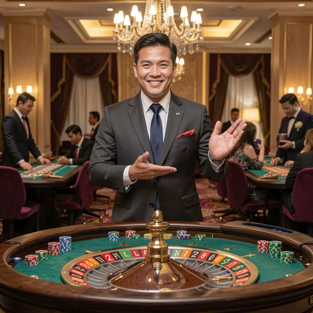 Elegant live casino dealer in a tailored suit presenting a roulette table with luxury decor in the background representing the high end live casino experience at PHVVV COM Philippines