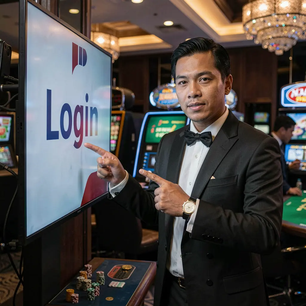 Elegant casino presenter pointing toward a digital login screen inside a modern casino setting representing trusted access at PHVVV COM for players in the Philippines